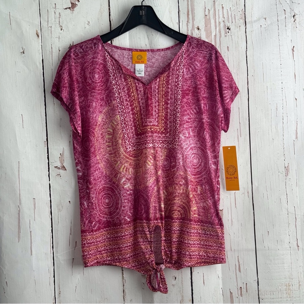 Ruby Rd. Bohemian Style Blouse Fuchsia,Pink and yellow Patterned Small